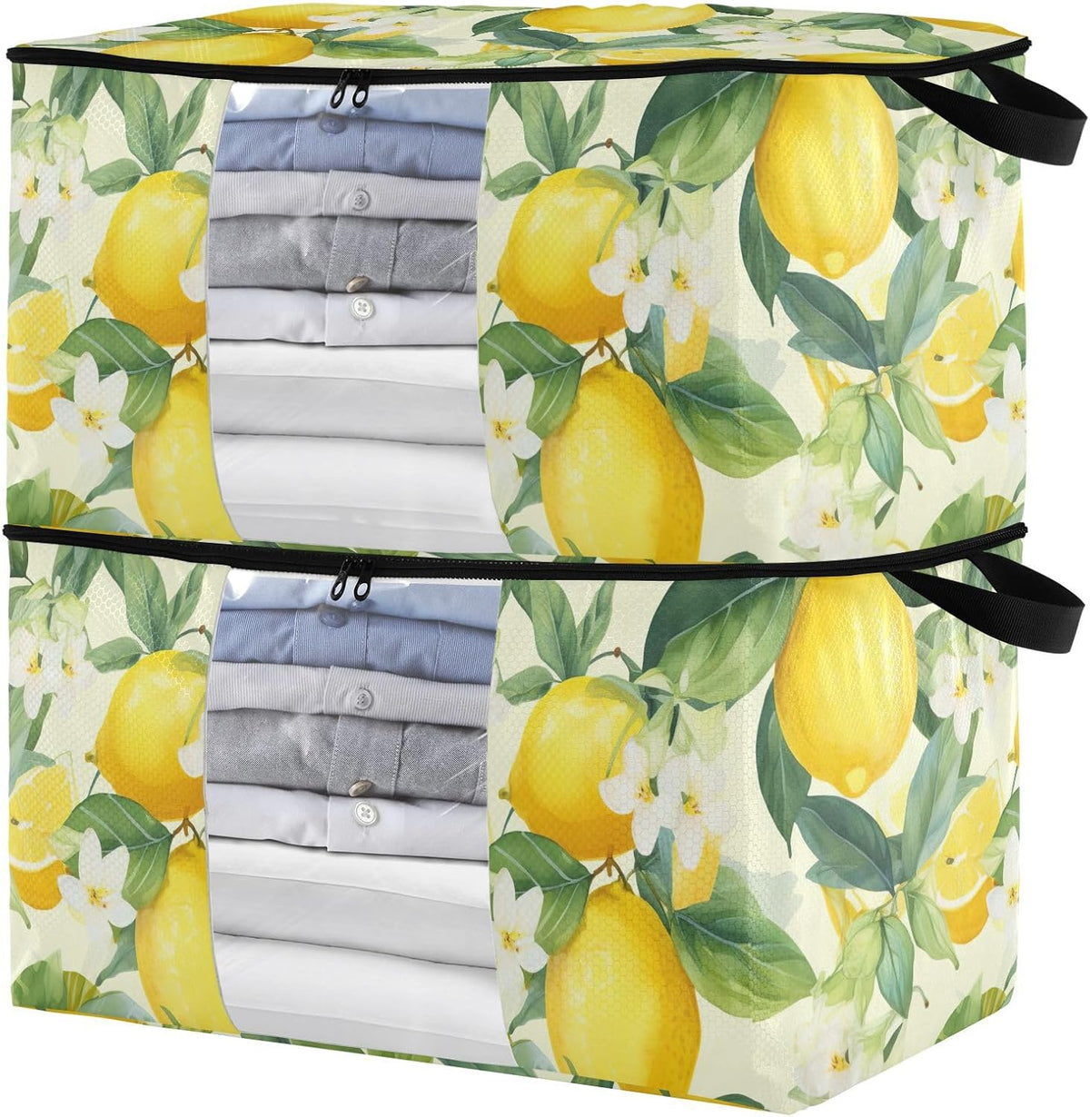 Floral Lemons Flowers Yellow Clothes Storage Bag Bins 2 Pack Foldable Storage Containers Large Closet Organizer with Zipper Storage Cubes for Bed Sheets Comforters Clothing 60L