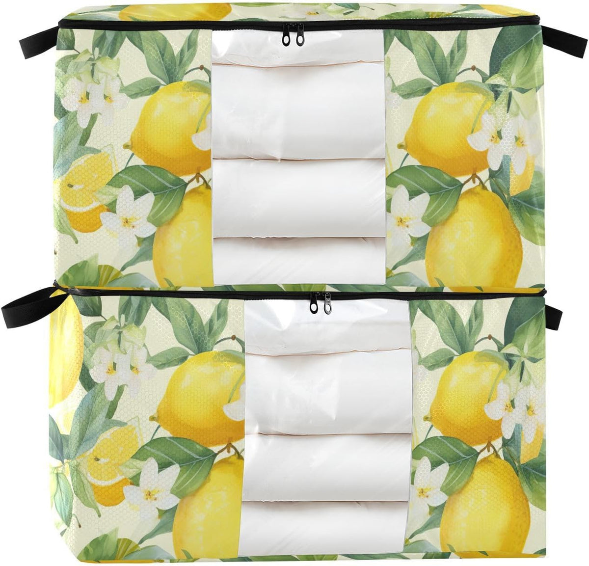 Floral Lemons Flowers Yellow Clothes Storage Bag Bins 2 Pack Foldable Storage Containers Large Closet Organizer with Zipper Storage Cubes for Bed Sheets Comforters Clothing 60L