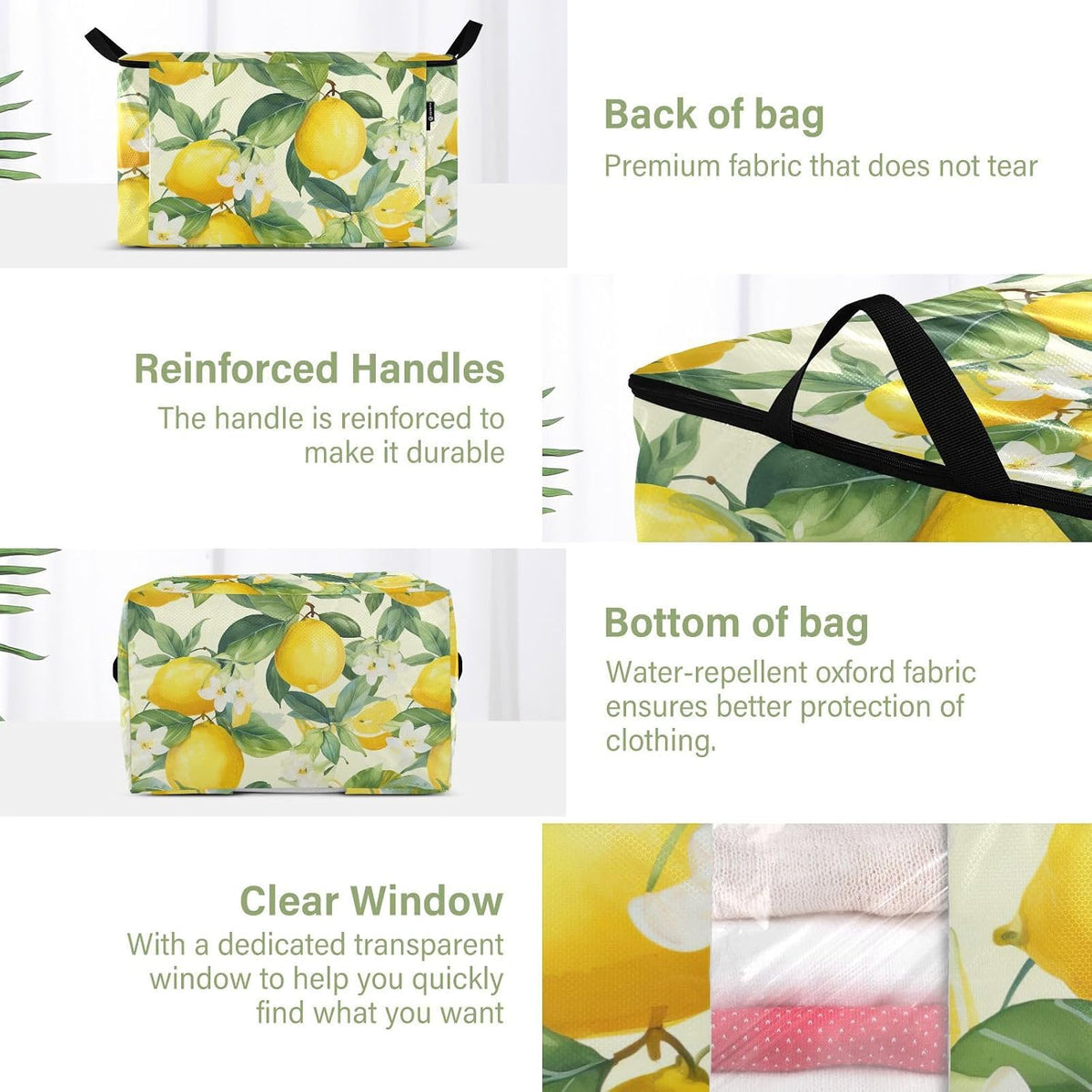Floral Lemons Flowers Yellow Clothes Storage Bag Bins 2 Pack Foldable Storage Containers Large Closet Organizer with Zipper Storage Cubes for Bed Sheets Comforters Clothing 60L