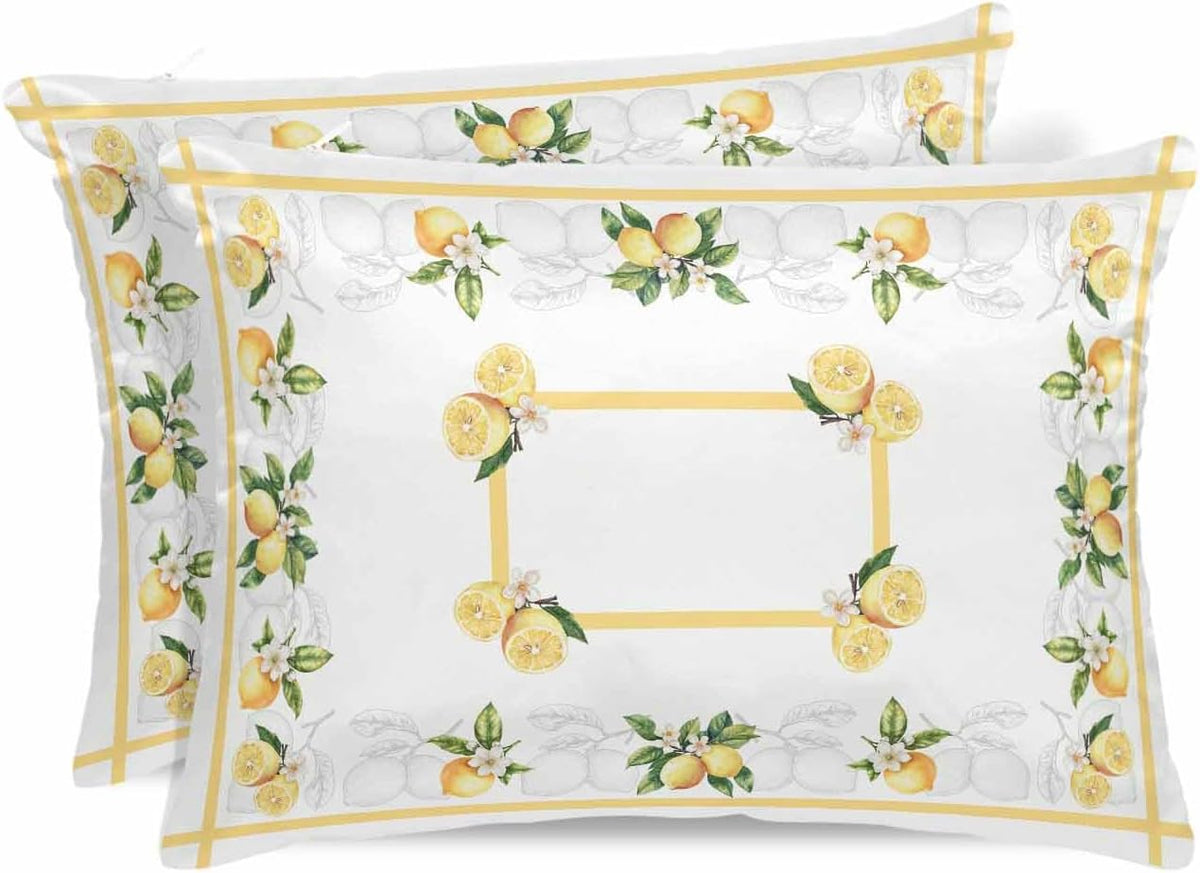 Rustic Lemon Satin Pillowcase for Hair and Skin 20" x 26" Lemon Leaves and Flowers Satin Pillow Cases with Invisible Zipper Yellow Stripe Smooth Cooling Wrinkle-Free Pillow Covers for Bedroom 2 Pcs
