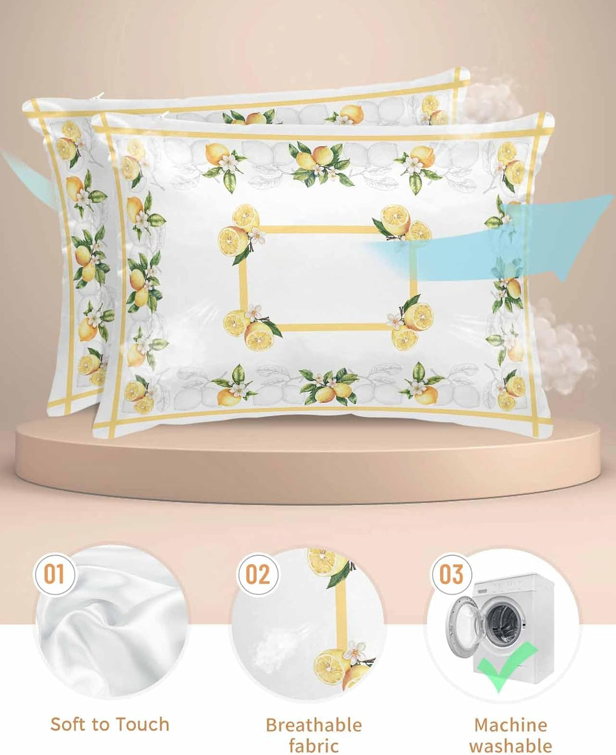 Rustic Lemon Satin Pillowcase for Hair and Skin 20" x 26" Lemon Leaves and Flowers Satin Pillow Cases with Invisible Zipper Yellow Stripe Smooth Cooling Wrinkle-Free Pillow Covers for Bedroom 2 Pcs