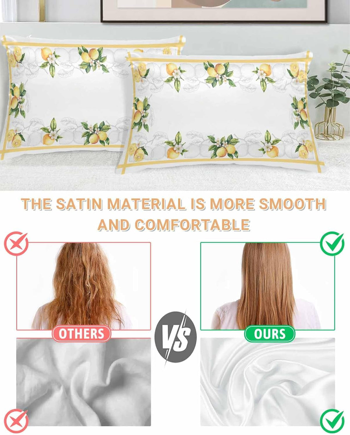 Rustic Lemon Satin Pillowcase for Hair and Skin 20" x 26" Lemon Leaves and Flowers Satin Pillow Cases with Invisible Zipper Yellow Stripe Smooth Cooling Wrinkle-Free Pillow Covers for Bedroom 2 Pcs