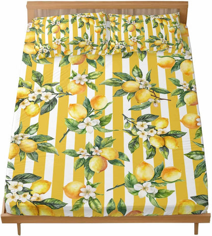 Floral Lemon Full Sheet Set Deep Pocket Fitted Sheet Sets Soft Breathable Yellow Stripes Sheet & Pillowcase Sets 3 Pieces Bed Sheets with Elastic Band Fits Mattress