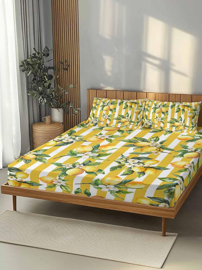 Floral Lemon Full Sheet Set Deep Pocket Fitted Sheet Sets Soft Breathable Yellow Stripes Sheet & Pillowcase Sets 3 Pieces Bed Sheets with Elastic Band Fits Mattress