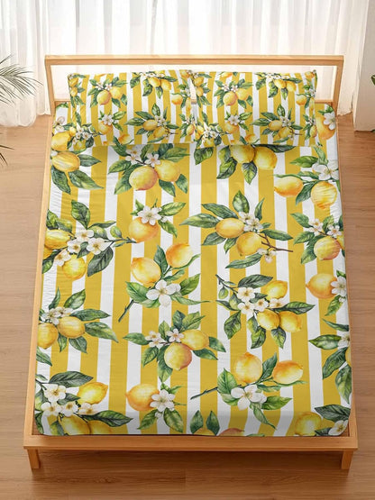 Floral Lemon Full Sheet Set Deep Pocket Fitted Sheet Sets Soft Breathable Yellow Stripes Sheet & Pillowcase Sets 3 Pieces Bed Sheets with Elastic Band Fits Mattress