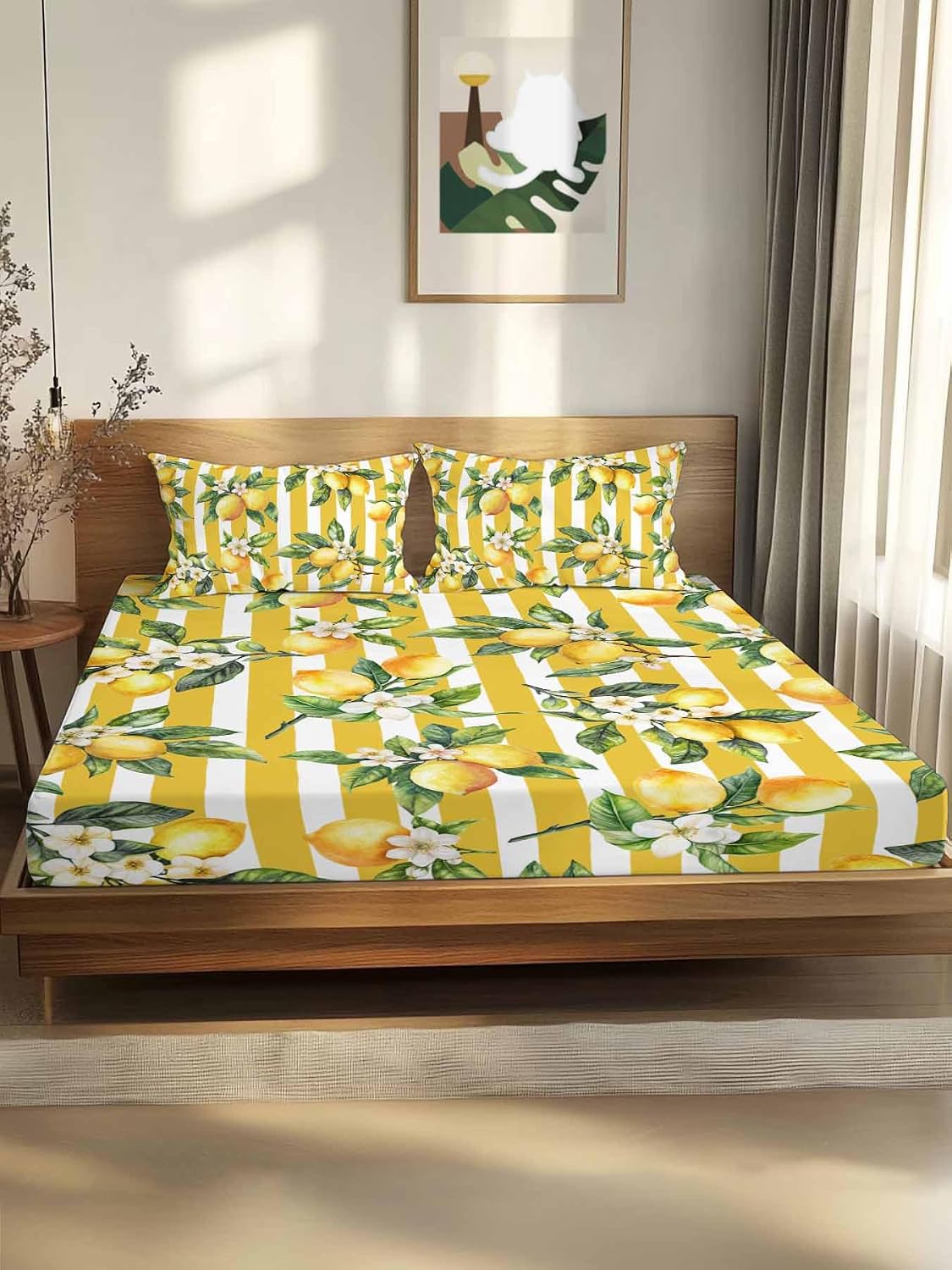 Floral Lemon Full Sheet Set Deep Pocket Fitted Sheet Sets Soft Breathable Yellow Stripes Sheet & Pillowcase Sets 3 Pieces Bed Sheets with Elastic Band Fits Mattress