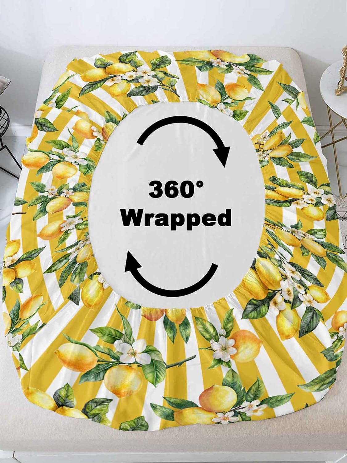 Floral Lemon Full Sheet Set Deep Pocket Fitted Sheet Sets Soft Breathable Yellow Stripes Sheet & Pillowcase Sets 3 Pieces Bed Sheets with Elastic Band Fits Mattress