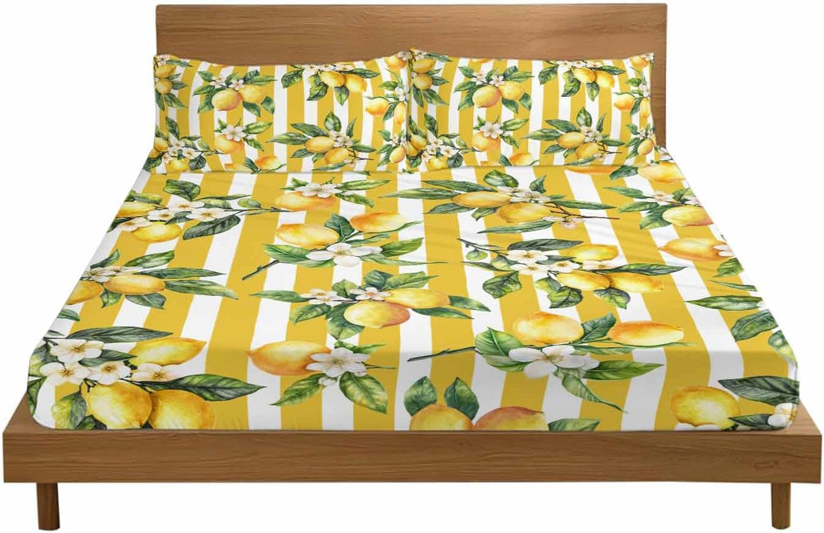 Floral Lemon Full Sheet Set Deep Pocket Fitted Sheet Sets Soft Breathable Yellow Stripes Sheet & Pillowcase Sets 3 Pieces Bed Sheets with Elastic Band Fits Mattress