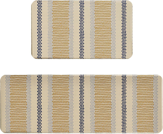 Boho Kitchen Rugs Set of 2 Blue Yellow Polka Dots Striped Print Modern Kitchen Mats for Floor Non Slip Neutral Farmhouse Kitchen Decor Runner Rugs, 17x47 inch and 17x30 inch