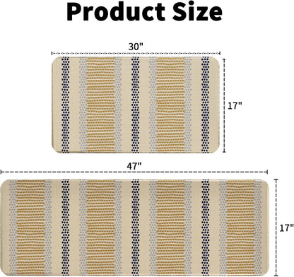 Boho Kitchen Rugs Set of 2 Blue Yellow Polka Dots Striped Print Modern Kitchen Mats for Floor Non Slip Neutral Farmhouse Kitchen Decor Runner Rugs, 17x47 inch and 17x30 inch