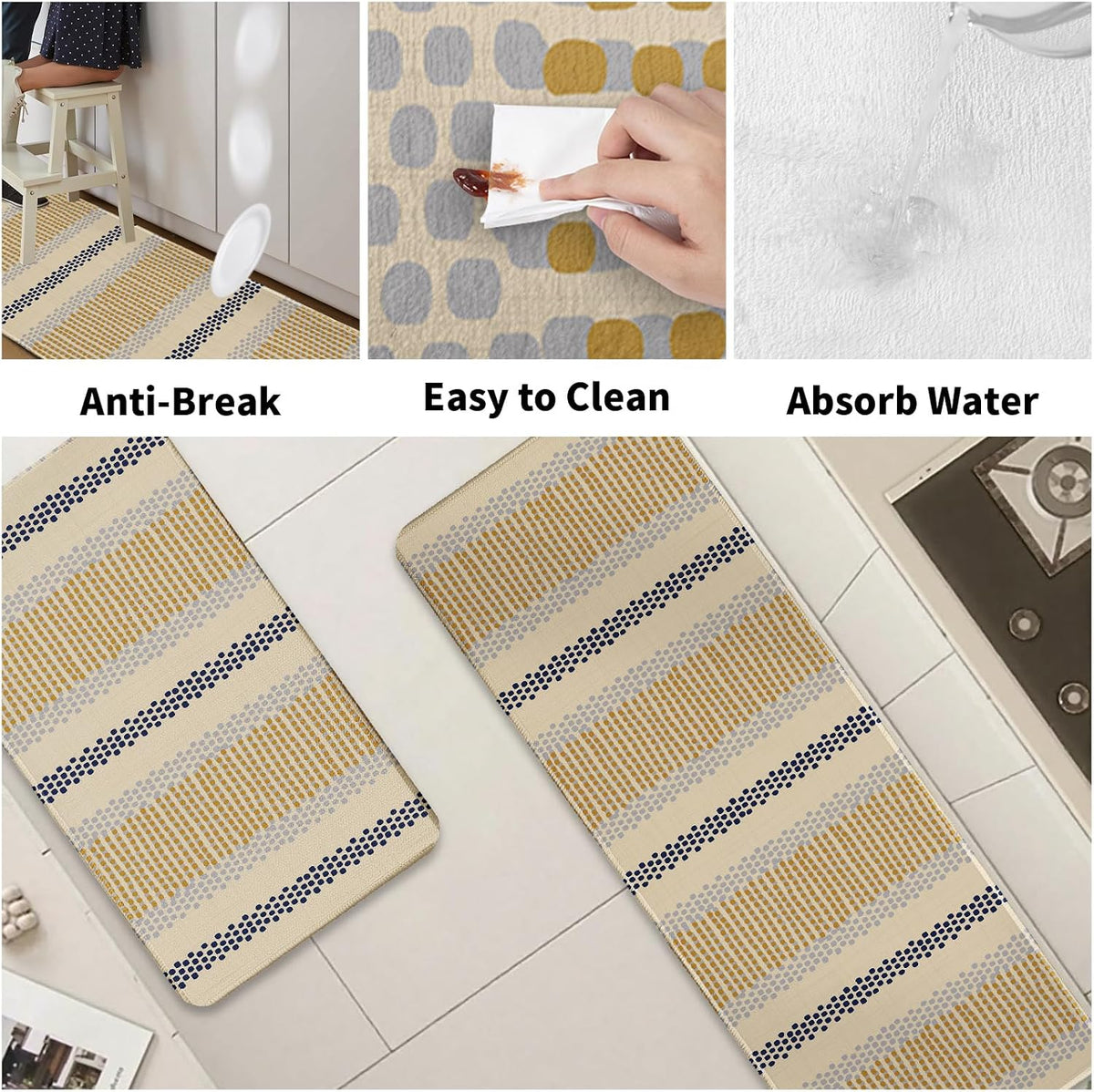 Boho Kitchen Rugs Set of 2 Blue Yellow Polka Dots Striped Print Modern Kitchen Mats for Floor Non Slip Neutral Farmhouse Kitchen Decor Runner Rugs, 17x47 inch and 17x30 inch