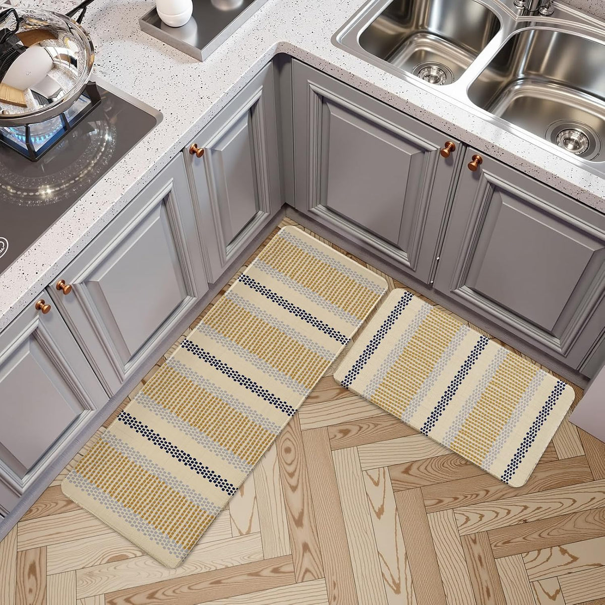 Boho Kitchen Rugs Set of 2 Blue Yellow Polka Dots Striped Print Modern Kitchen Mats for Floor Non Slip Neutral Farmhouse Kitchen Decor Runner Rugs, 17x47 inch and 17x30 inch