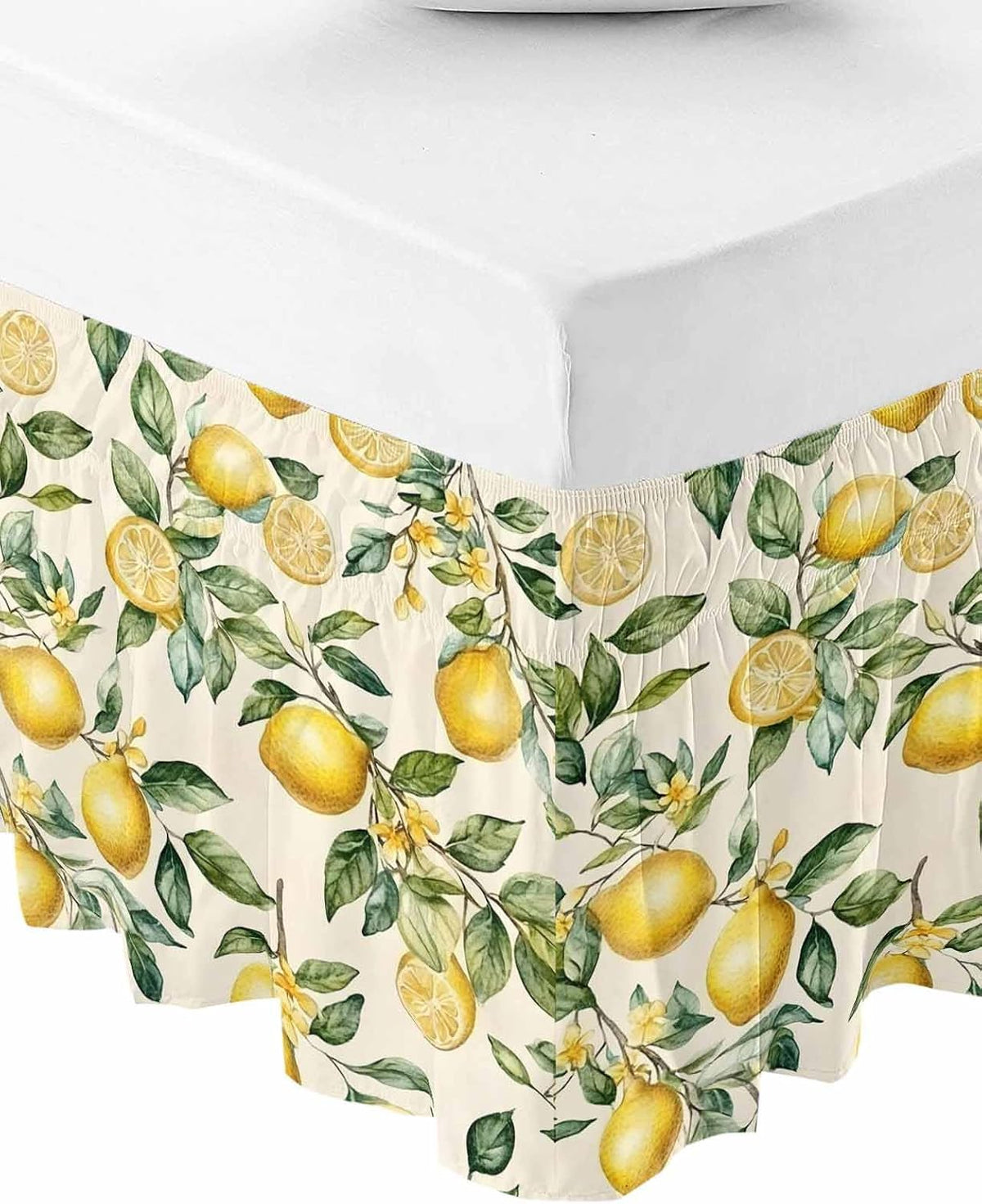 Yellow Lemon Bed Skirt Queen Size 16 Inch Drop, Adjustable Elastic Wrap Around Bed Skirts Easy Fitting Dust Ruffle Bedskirt Bed Frame Cover Spring Floral Flower Fruit Farmhouse Modern