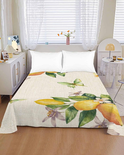 Flat Sheet, 1 Piece Top Sheet Twin Size Yellow Lemon Floral Soft Breathable Bed Sheet Watercolor Butterfly Purple Flower Retro Brushed Microfiber Bed Sheet, Wrinkle Resistant, Fade Resistant Bedding