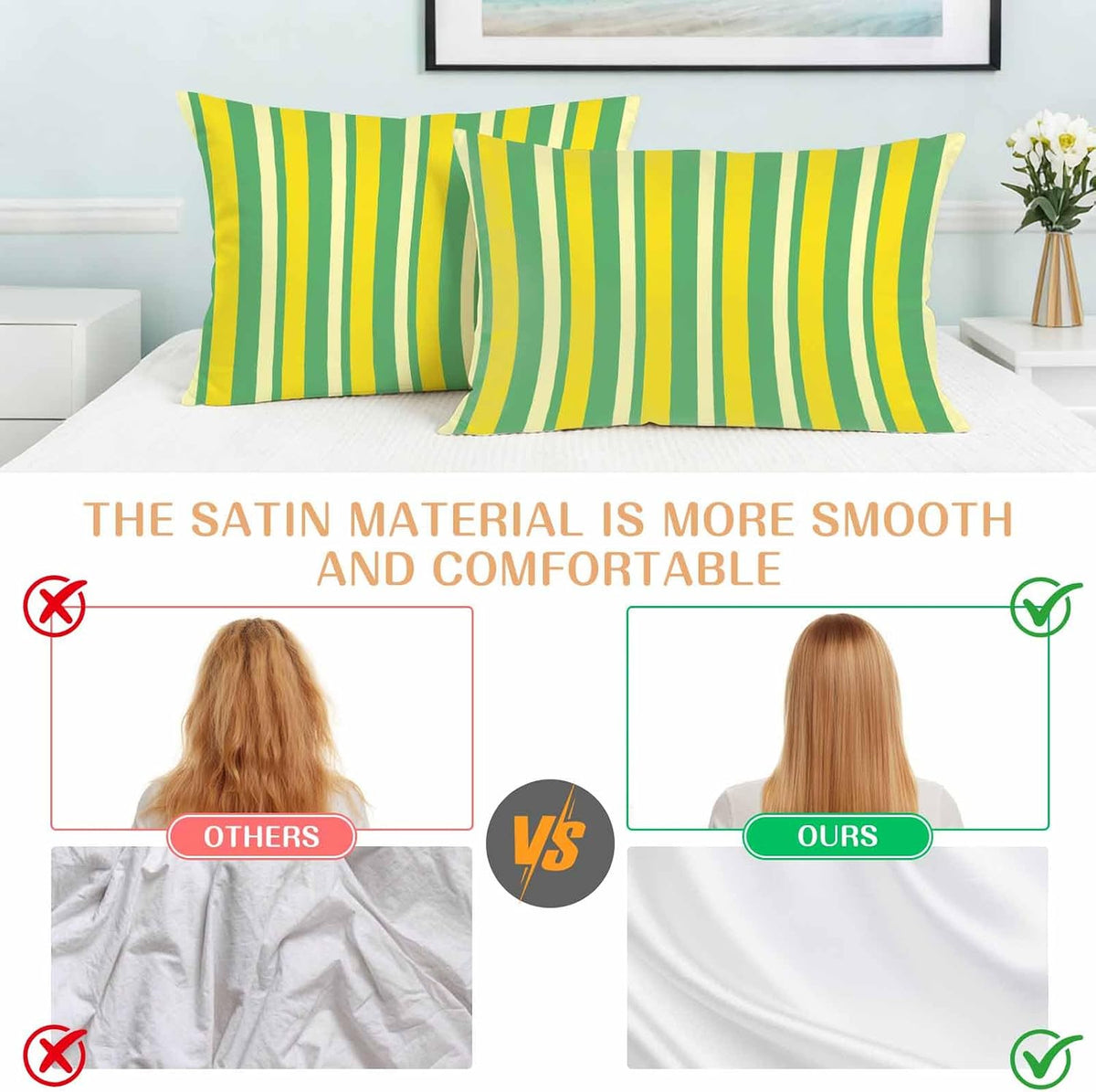 Lemon Green Yellow Pillow Cases Standard Size Set of 2, Summer Modern Farmhouse Striped Satin Pillowcase with Zipper for Hair/Skin, Decorative Pillow Covers for Bed/Couch/Sofa, 20x26 Inches