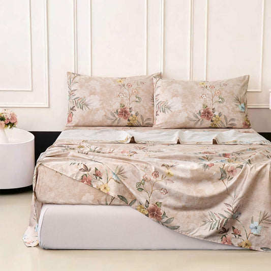 Floral Bed Sheets Full Size Sheet Set Light Brown 100% Cotton Satin Weave, Yellow Blue Flower Printed Chinoiserie Bed Set with Deep Pocket 17.5", Soft & Breathable, Luxury Shabby Vintage 4Pc