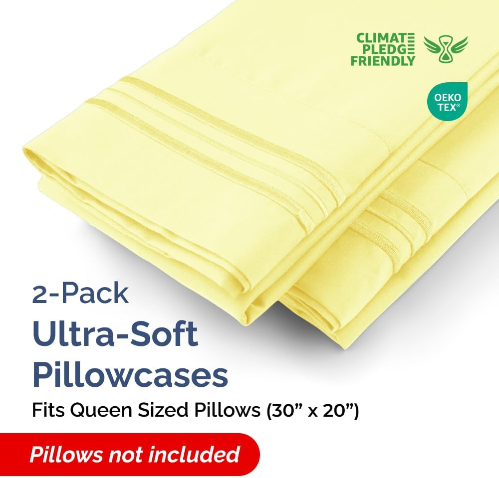 Queen Pillow Cases Set of 2 - Ultra Soft Cozy Pillowcase Covers - Yellow