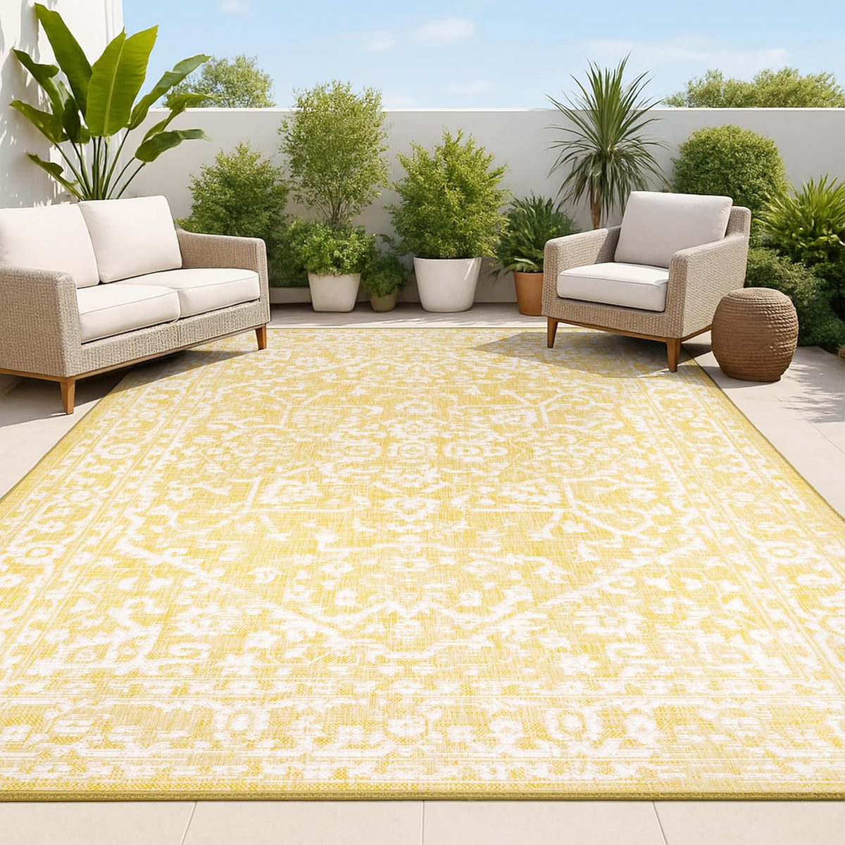 Boho Medallion Indoor Outdoor Area Rug 8X10 Yellow/Cream, Malta Textured Weave for Backyard, Patio, Porch, Easy-Cleaning, High Traffic, Pet-Friendly, Non-Shedding (SMB104G-8)