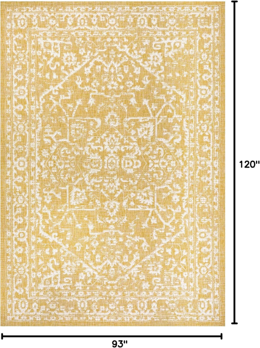 Boho Medallion Indoor Outdoor Area Rug 8X10 Yellow/Cream, Malta Textured Weave for Backyard, Patio, Porch, Easy-Cleaning, High Traffic, Pet-Friendly, Non-Shedding (SMB104G-8)