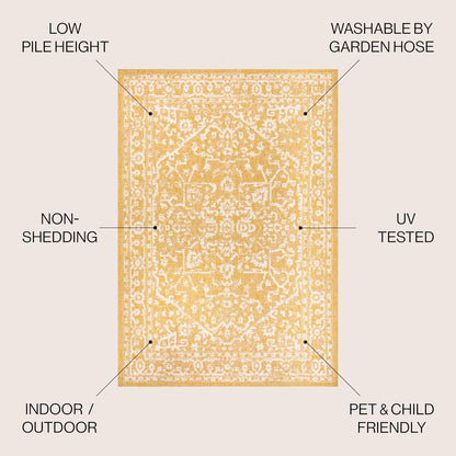 Boho Medallion Indoor Outdoor Area Rug 8X10 Yellow/Cream, Malta Textured Weave for Backyard, Patio, Porch, Easy-Cleaning, High Traffic, Pet-Friendly, Non-Shedding (SMB104G-8)