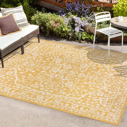 Boho Medallion Indoor Outdoor Area Rug 8X10 Yellow/Cream, Malta Textured Weave for Backyard, Patio, Porch, Easy-Cleaning, High Traffic, Pet-Friendly, Non-Shedding (SMB104G-8)