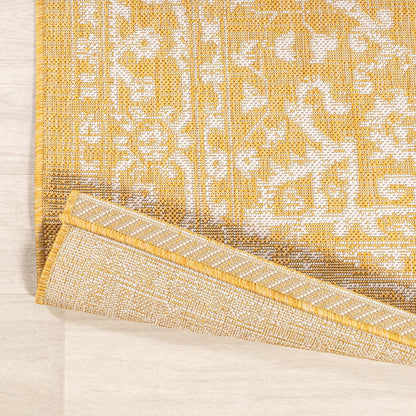 Boho Medallion Indoor Outdoor Area Rug 8X10 Yellow/Cream, Malta Textured Weave for Backyard, Patio, Porch, Easy-Cleaning, High Traffic, Pet-Friendly, Non-Shedding (SMB104G-8)