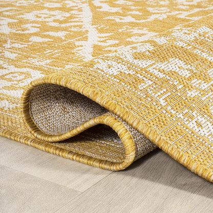 Boho Medallion Indoor Outdoor Area Rug 8X10 Yellow/Cream, Malta Textured Weave for Backyard, Patio, Porch, Easy-Cleaning, High Traffic, Pet-Friendly, Non-Shedding (SMB104G-8)