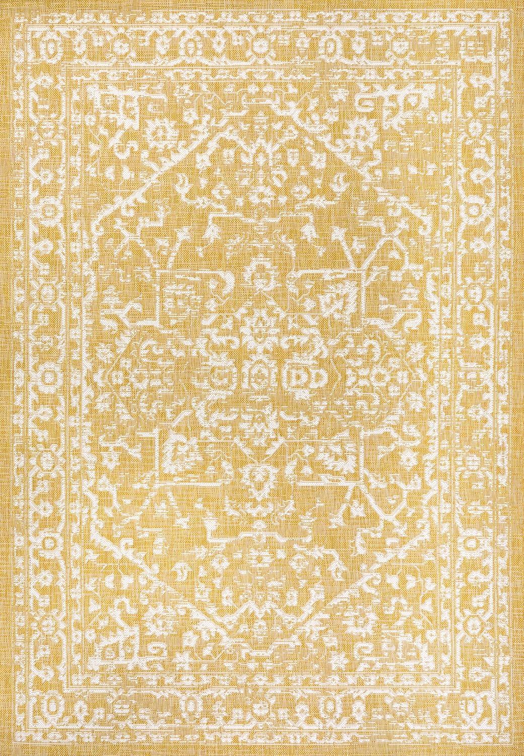 Boho Medallion Indoor Outdoor Area Rug 8X10 Yellow/Cream, Malta Textured Weave for Backyard, Patio, Porch, Easy-Cleaning, High Traffic, Pet-Friendly, Non-Shedding (SMB104G-8)