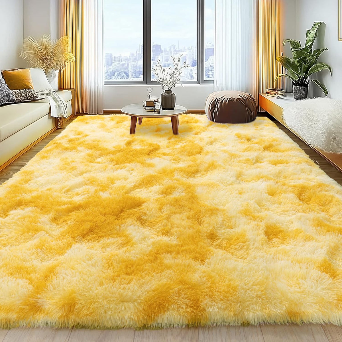 Soft Fluffy Rug for Living Room, 4x6 Tie-Dyed Yellow Shag Area Rug