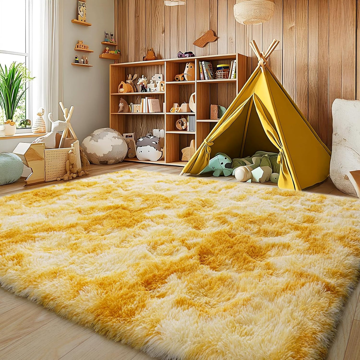 Soft Fluffy Rug for Living Room, 4x6 Tie-Dyed Yellow Shag Area Rug