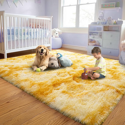 Soft Fluffy Rug for Living Room, 4x6 Tie-Dyed Yellow Shag Area Rug