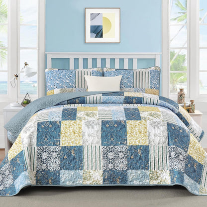 Quilts Queen Size, Blue Yellow Patchwork Pattern Summer Bedspread Bedding Set, 3 Pieces Soft Chic Plaid Coverlet with 2 Pillow Shams for All Season 96x90 Inch