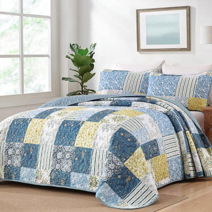 Quilts Queen Size, Blue Yellow Patchwork Pattern Summer Bedspread Bedding Set, 3 Pieces Soft Chic Plaid Coverlet with 2 Pillow Shams for All Season 96x90 Inch