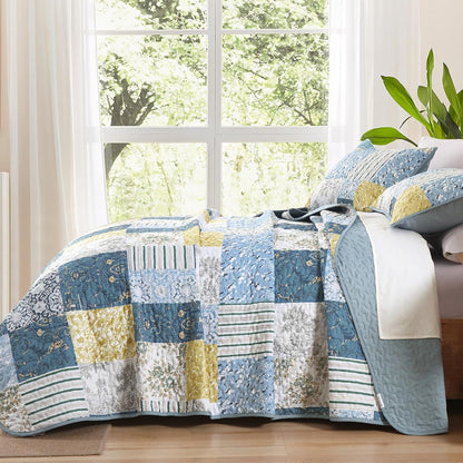 Quilts Queen Size, Blue Yellow Patchwork Pattern Summer Bedspread Bedding Set, 3 Pieces Soft Chic Plaid Coverlet with 2 Pillow Shams for All Season 96x90 Inch
