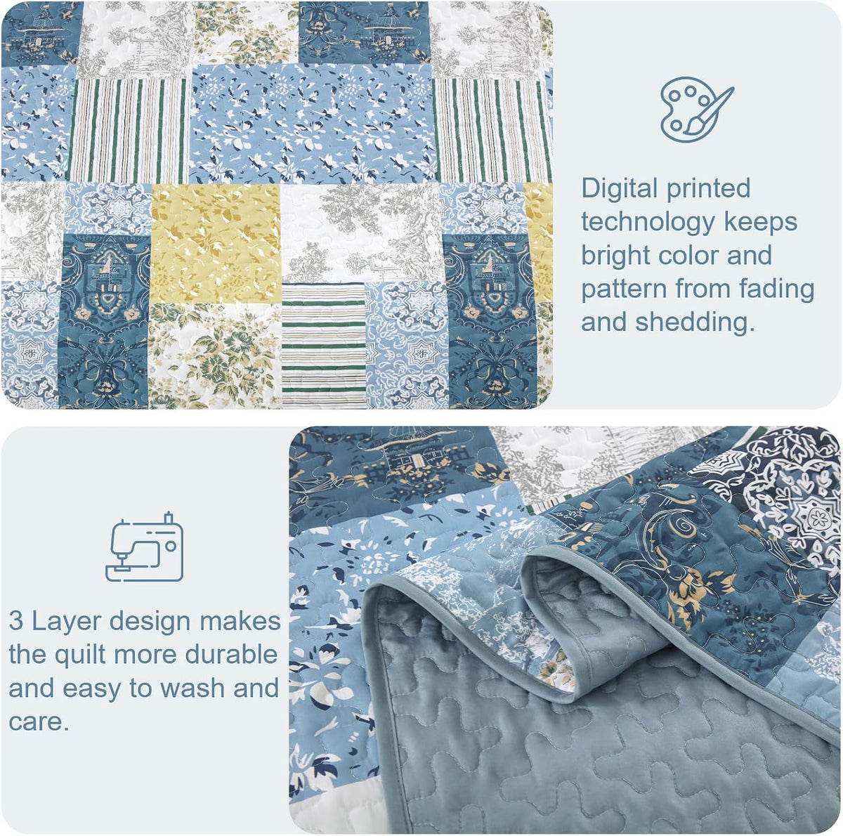 Quilts Queen Size, Blue Yellow Patchwork Pattern Summer Bedspread Bedding Set, 3 Pieces Soft Chic Plaid Coverlet with 2 Pillow Shams for All Season 96x90 Inch