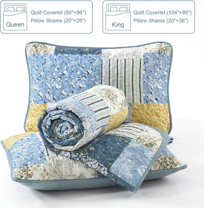Quilts Queen Size, Blue Yellow Patchwork Pattern Summer Bedspread Bedding Set, 3 Pieces Soft Chic Plaid Coverlet with 2 Pillow Shams for All Season 96x90 Inch