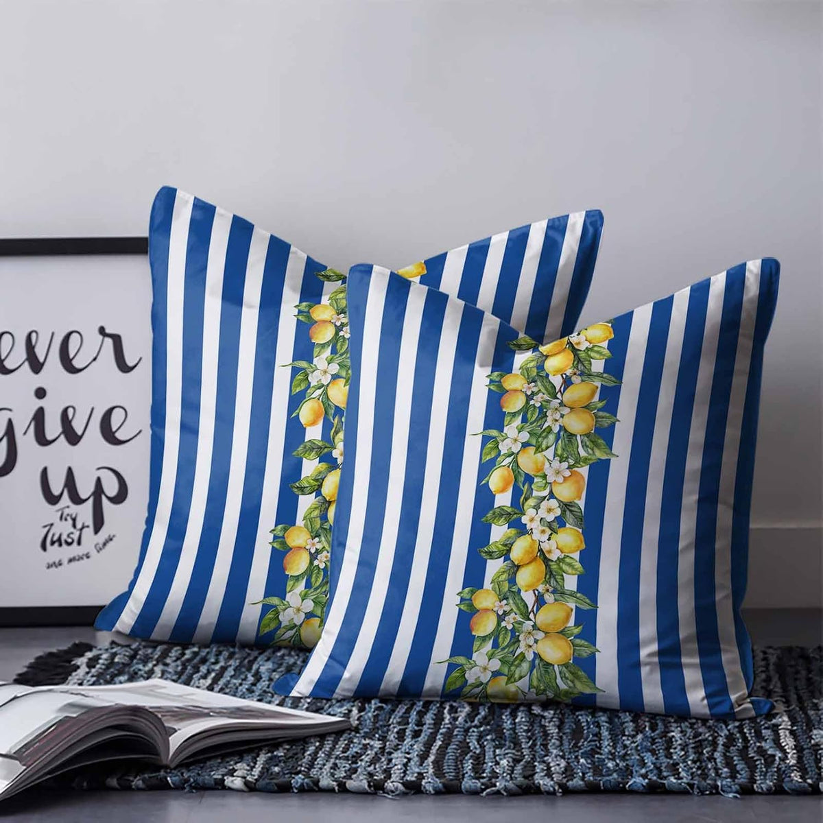 Yellow Lemon Floral 2PCS Throw Pillow Covers for Couch Sofa Bed, Blue Stripe Pillow Covers 18x18 inch, Standard Pillowcases Set Decorative Cushion Covers for Living Room Bedroom
