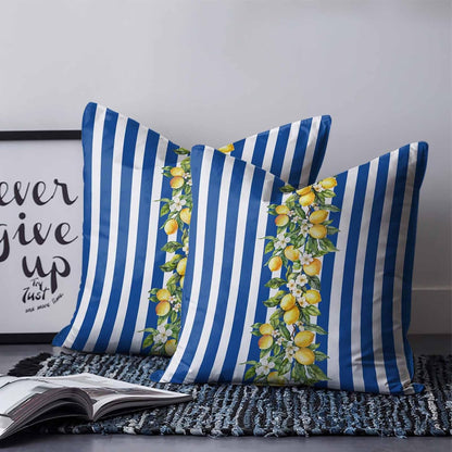 Yellow Lemon Floral 2PCS Throw Pillow Covers for Couch Sofa Bed, Blue Stripe Pillow Covers 18x18 inch, Standard Pillowcases Set Decorative Cushion Covers for Living Room Bedroom