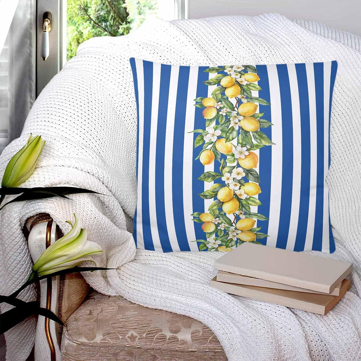 Yellow Lemon Floral 2PCS Throw Pillow Covers for Couch Sofa Bed, Blue Stripe Pillow Covers 18x18 inch, Standard Pillowcases Set Decorative Cushion Covers for Living Room Bedroom