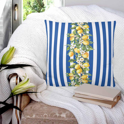 Yellow Lemon Floral 2PCS Throw Pillow Covers for Couch Sofa Bed, Blue Stripe Pillow Covers 18x18 inch, Standard Pillowcases Set Decorative Cushion Covers for Living Room Bedroom