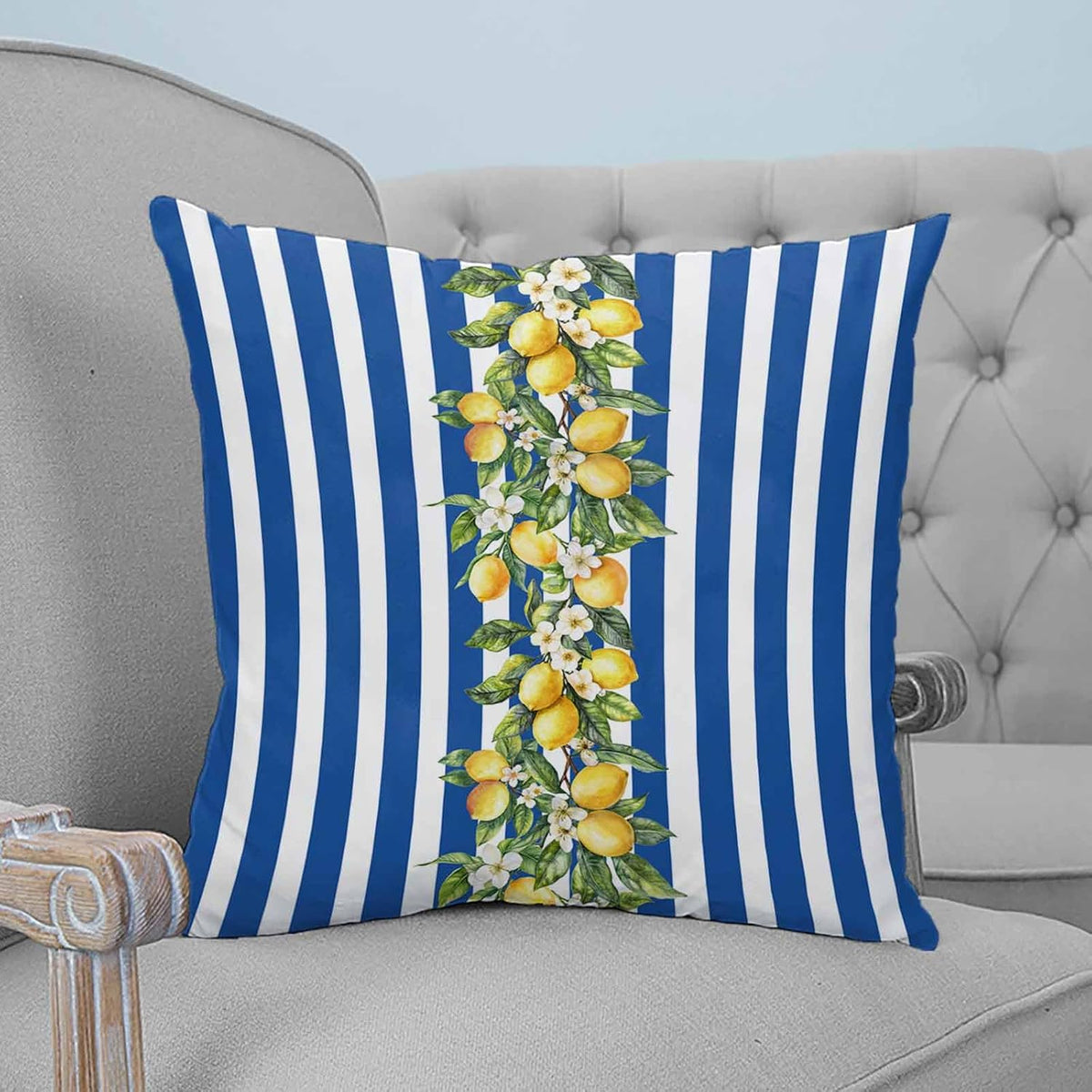 Yellow Lemon Floral 2PCS Throw Pillow Covers for Couch Sofa Bed, Blue Stripe Pillow Covers 18x18 inch, Standard Pillowcases Set Decorative Cushion Covers for Living Room Bedroom