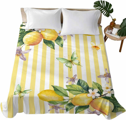 Flat Sheet Only Bedding Top Sheet Twin Lemon Fruits Floral Leaves Soft Microfiber Breathable Bed Sheets, Yellow Stripes Flat Sheets for Bedroom Sofa Men/Women