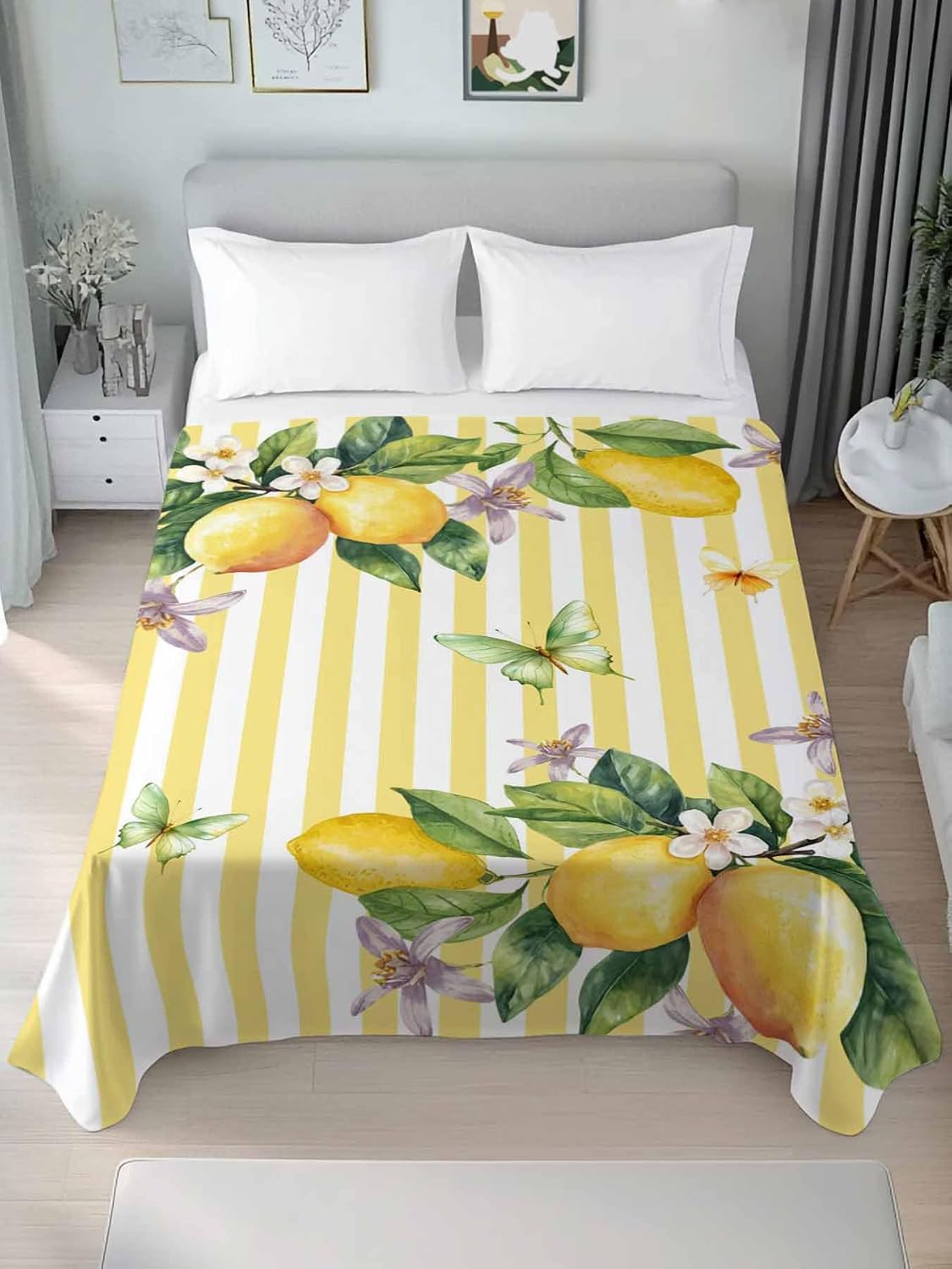 Flat Sheet Only Bedding Top Sheet Twin Lemon Fruits Floral Leaves Soft Microfiber Breathable Bed Sheets, Yellow Stripes Flat Sheets for Bedroom Sofa Men/Women
