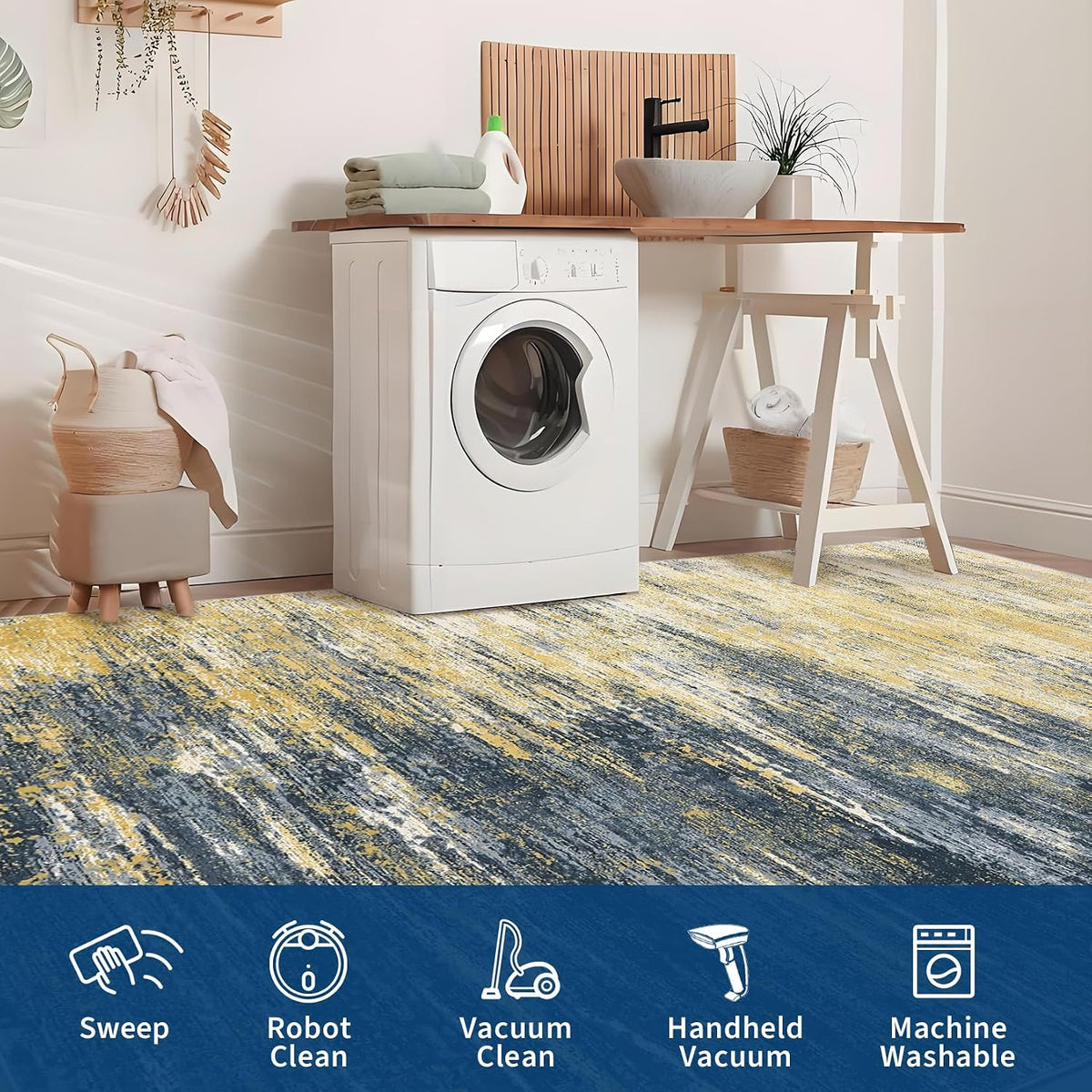 Modern Abstract Living Room Rug 8x10, Yellow/Black