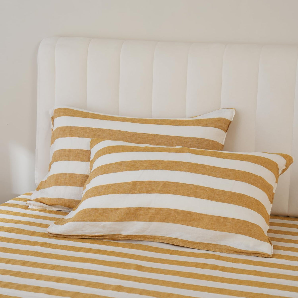 Stripe Linen Pillow Cases Set of 2,100% Organic French Natural Linen Soft Yarn Dyed Yellow Stripe Pillowcase,Standard 20"x30"