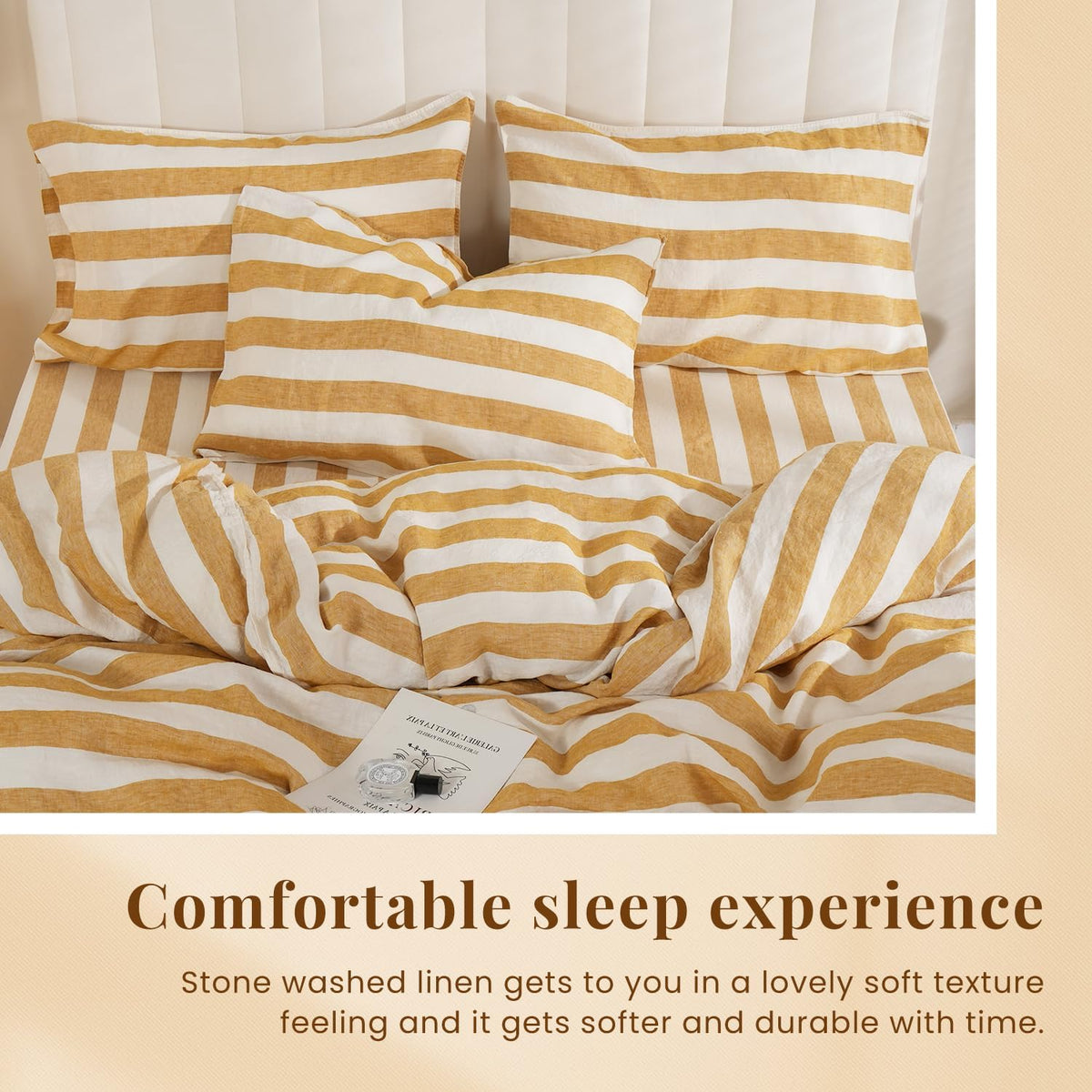 Stripe Linen Pillow Cases Set of 2,100% Organic French Natural Linen Soft Yarn Dyed Yellow Stripe Pillowcase,Standard 20"x30"