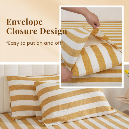 Stripe Linen Pillow Cases Set of 2,100% Organic French Natural Linen Soft Yarn Dyed Yellow Stripe Pillowcase,Standard 20"x30"