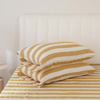 Stripe Linen Pillow Cases Set of 2,100% Organic French Natural Linen Soft Yarn Dyed Yellow Stripe Pillowcase,Standard 20"x30"