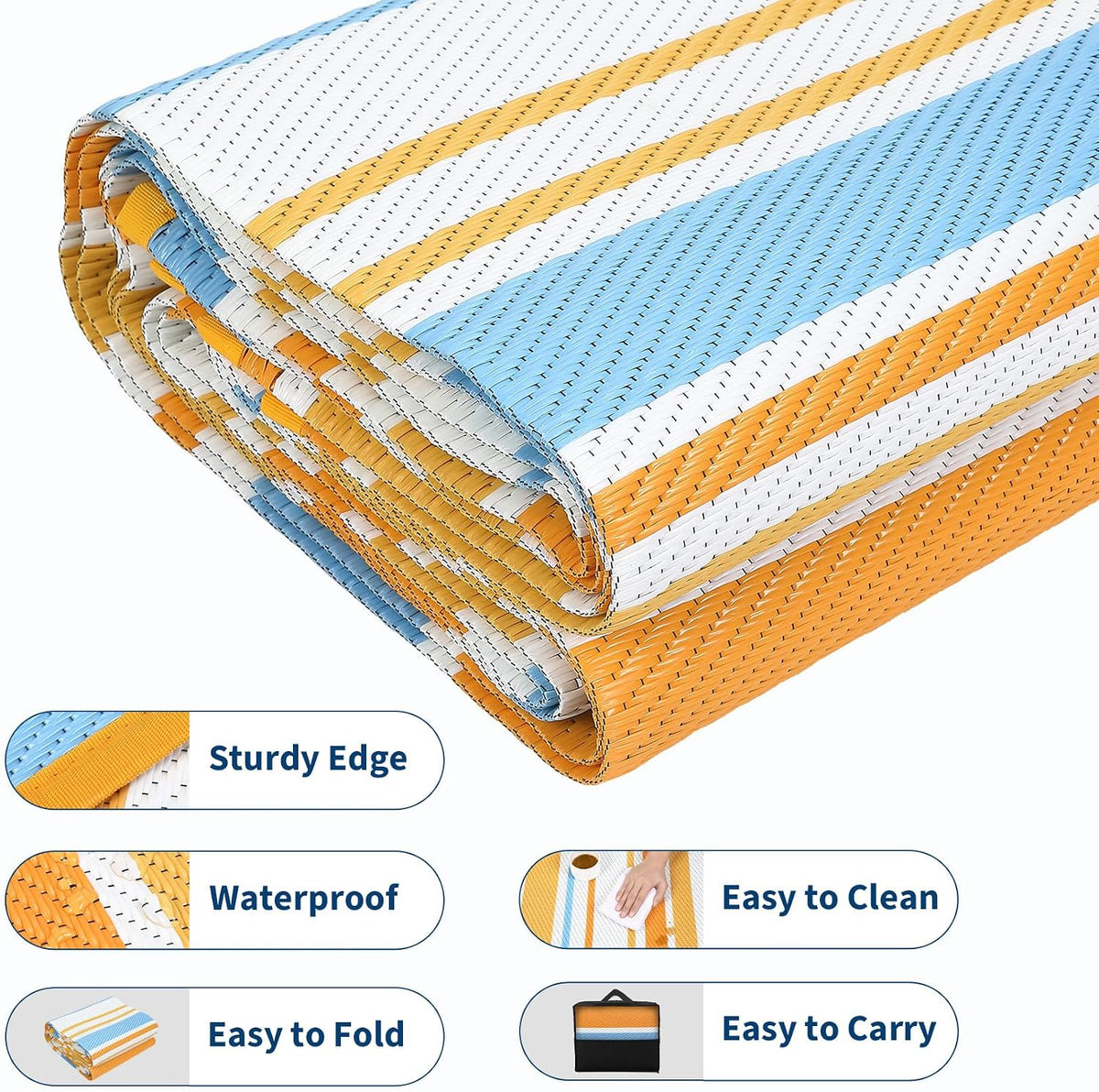 Large Outdoor Rug 8'x10' 320gsm PP Woven Waterproof UV Resistant Reversible Foldable Mat for Small Patio Balcony RV Picnic Camping Striped Blue Orange Yellow White