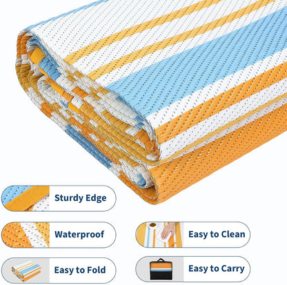 Large Outdoor Rug 8'x10' 320gsm PP Woven Waterproof UV Resistant Reversible Foldable Mat for Small Patio Balcony RV Picnic Camping Striped Blue Orange Yellow White